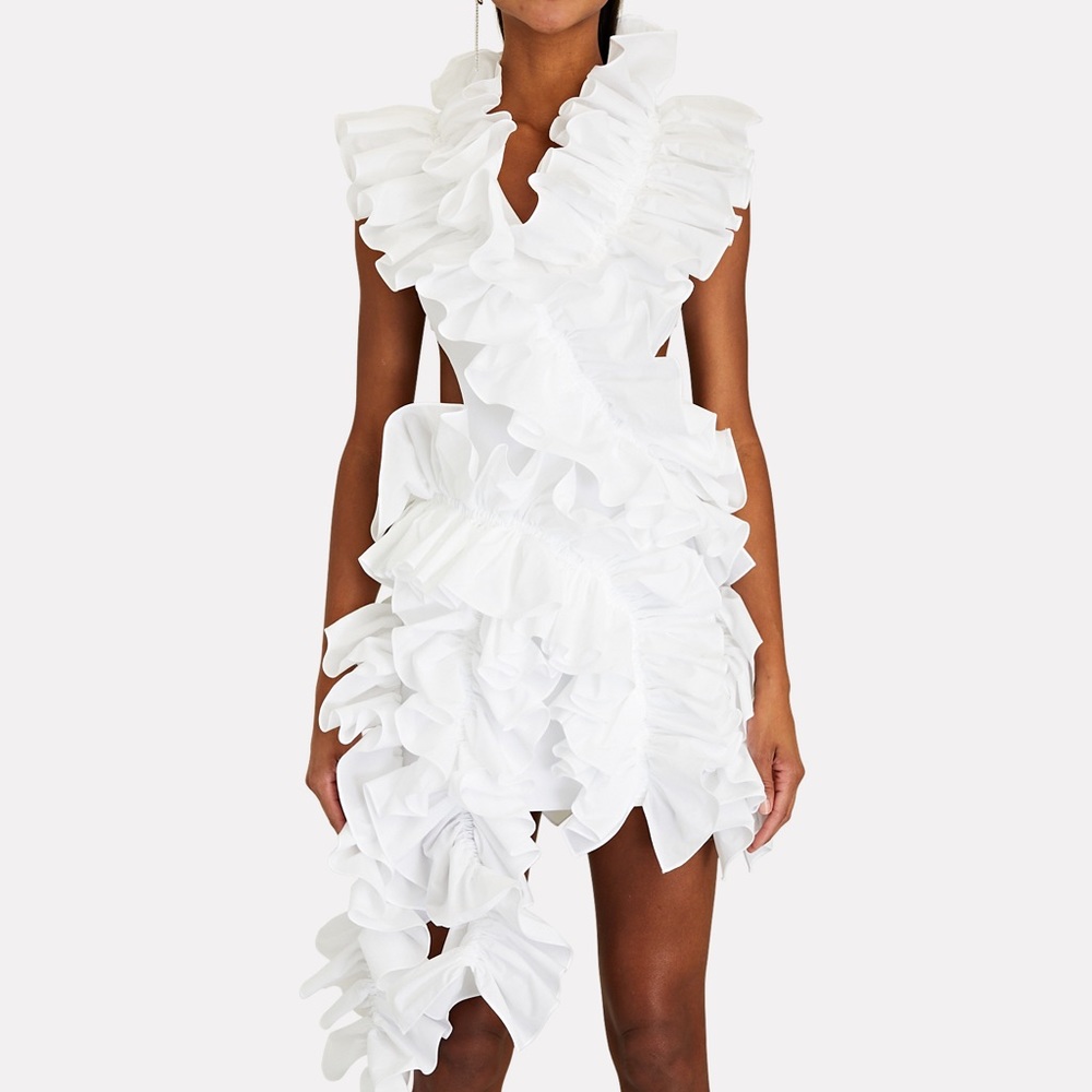 Aknvas Olive Open Back Ruffled Mini Dress in White size 2